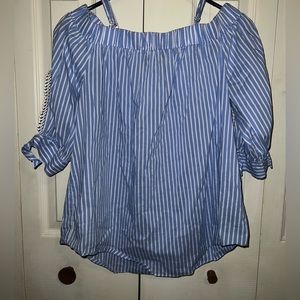By & By blue and white Off the Shoulder top with sleeve trim